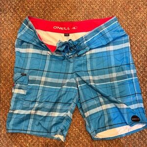O'Neill Men's Aqua Checkered Board Shorts